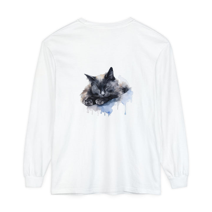 A watercolor illustration of a cute, sleeping cat on a t-shirt