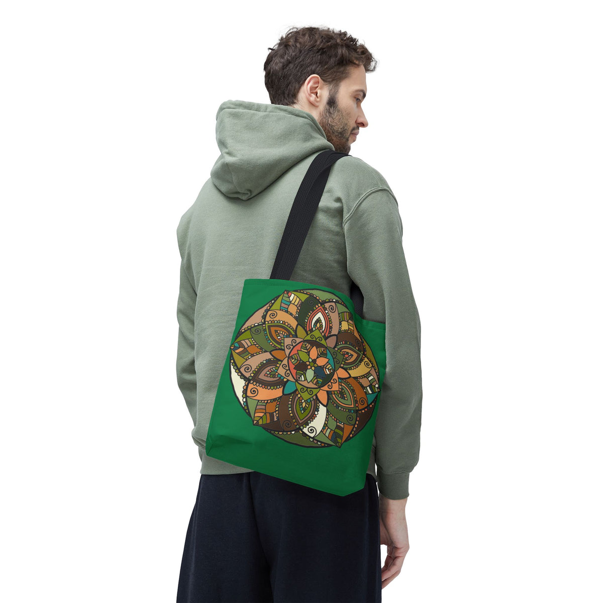Boho Mandala Tote Bag — Green Floral Pattern AOP Shopper
