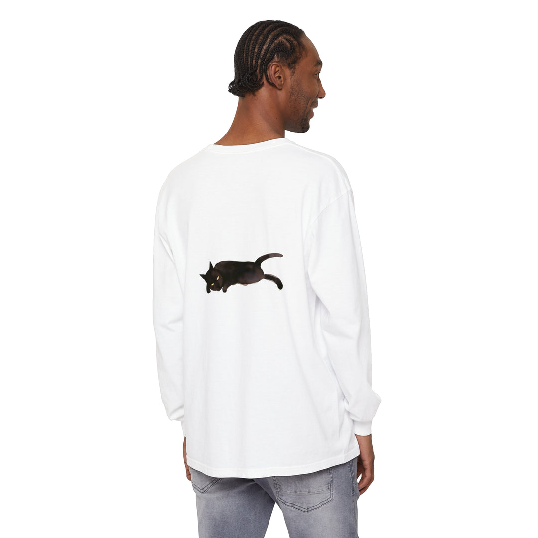 A cozy black unisex long sleeve t-shirt featuring a sleeping cat design