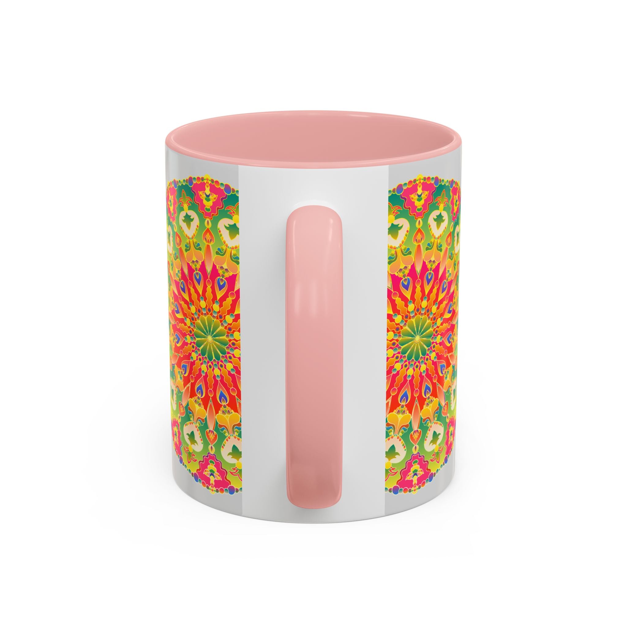 A colorful and vibrant mandala art mug with intricate designs