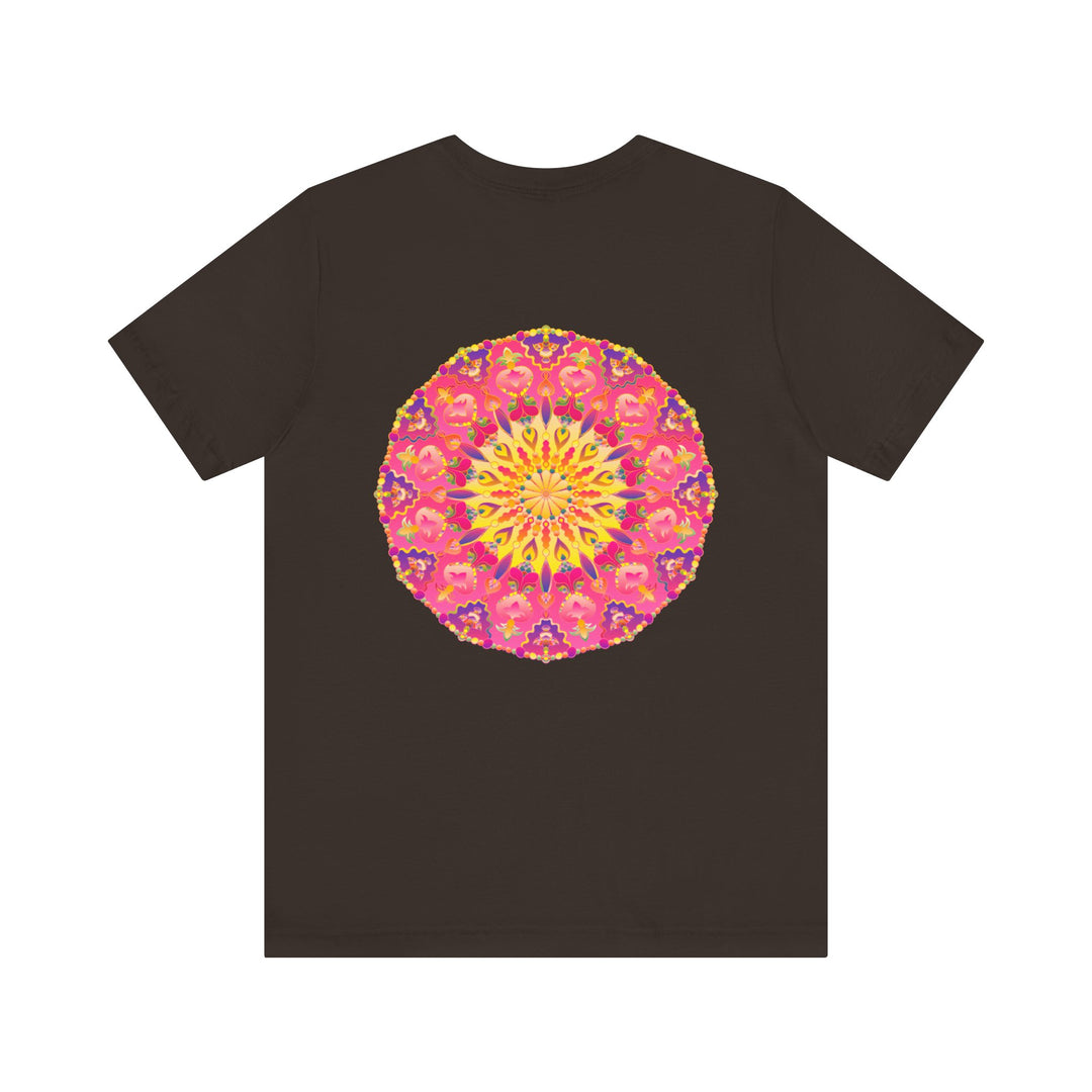 Beautiful pink and yellow mandala t-shirt featuring intricate design symbolizing peace and harmony, perfect for adding a pop of color to your wardrobe