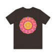 Beautiful pink and yellow mandala t-shirt featuring intricate design symbolizing peace and harmony, perfect for adding a pop of color to your wardrobe
