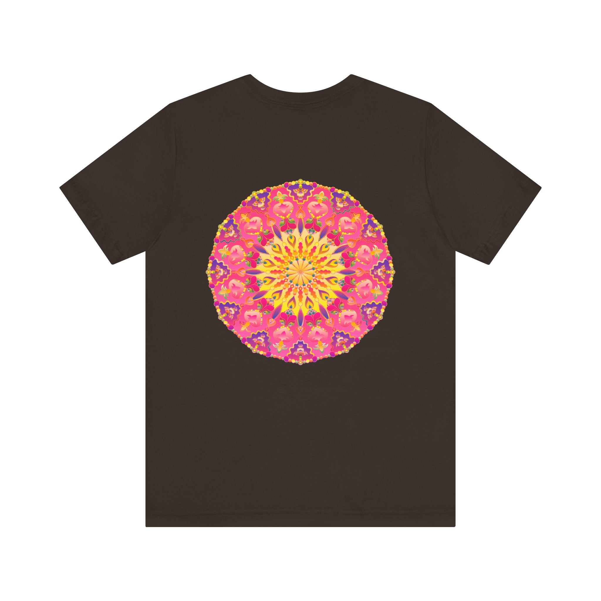 Beautiful pink and yellow mandala t-shirt featuring intricate design symbolizing peace and harmony, perfect for adding a pop of color to your wardrobe