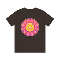 Beautiful pink and yellow mandala t-shirt featuring intricate design symbolizing peace and harmony, perfect for adding a pop of color to your wardrobe