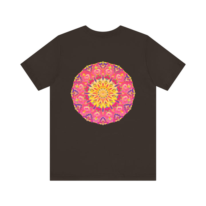 Beautiful pink and yellow mandala t-shirt featuring intricate design symbolizing peace and harmony, perfect for adding a pop of color to your wardrobe