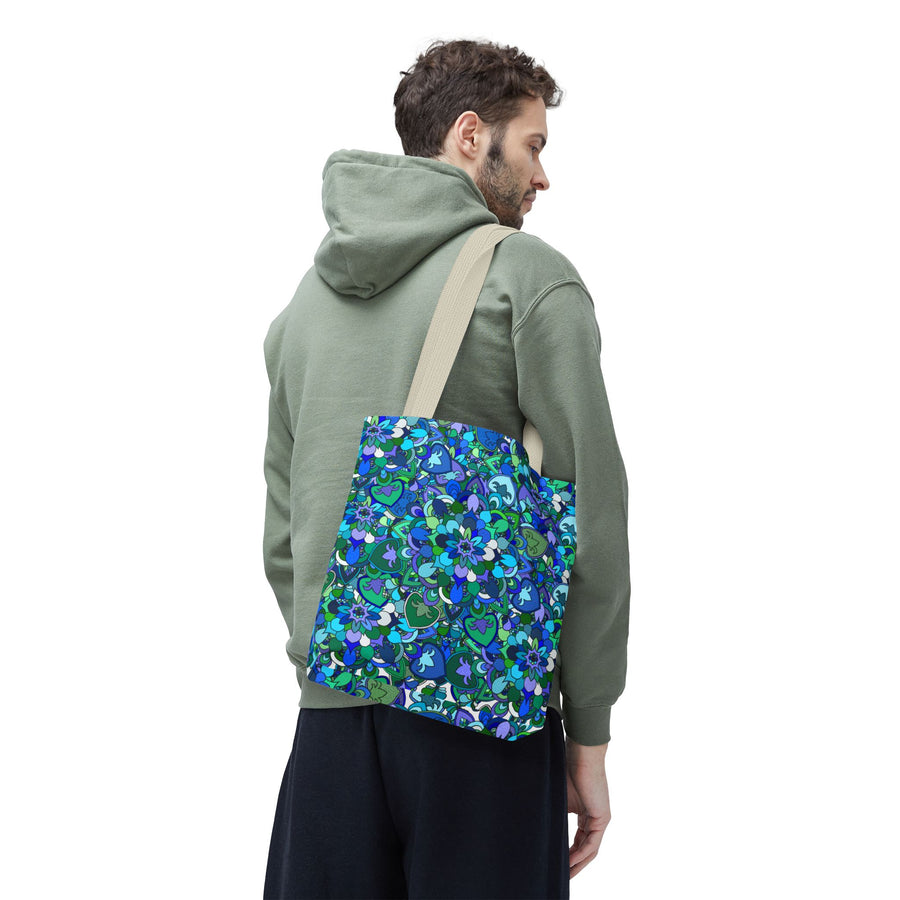 Blue Green Floral Mandala Tote Bag — Vibrant All-Over-Print Shopper