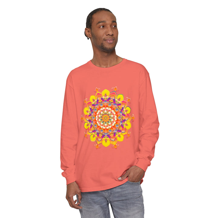 Colorful and intricate mandala design on a long sleeve unisex t-shirt