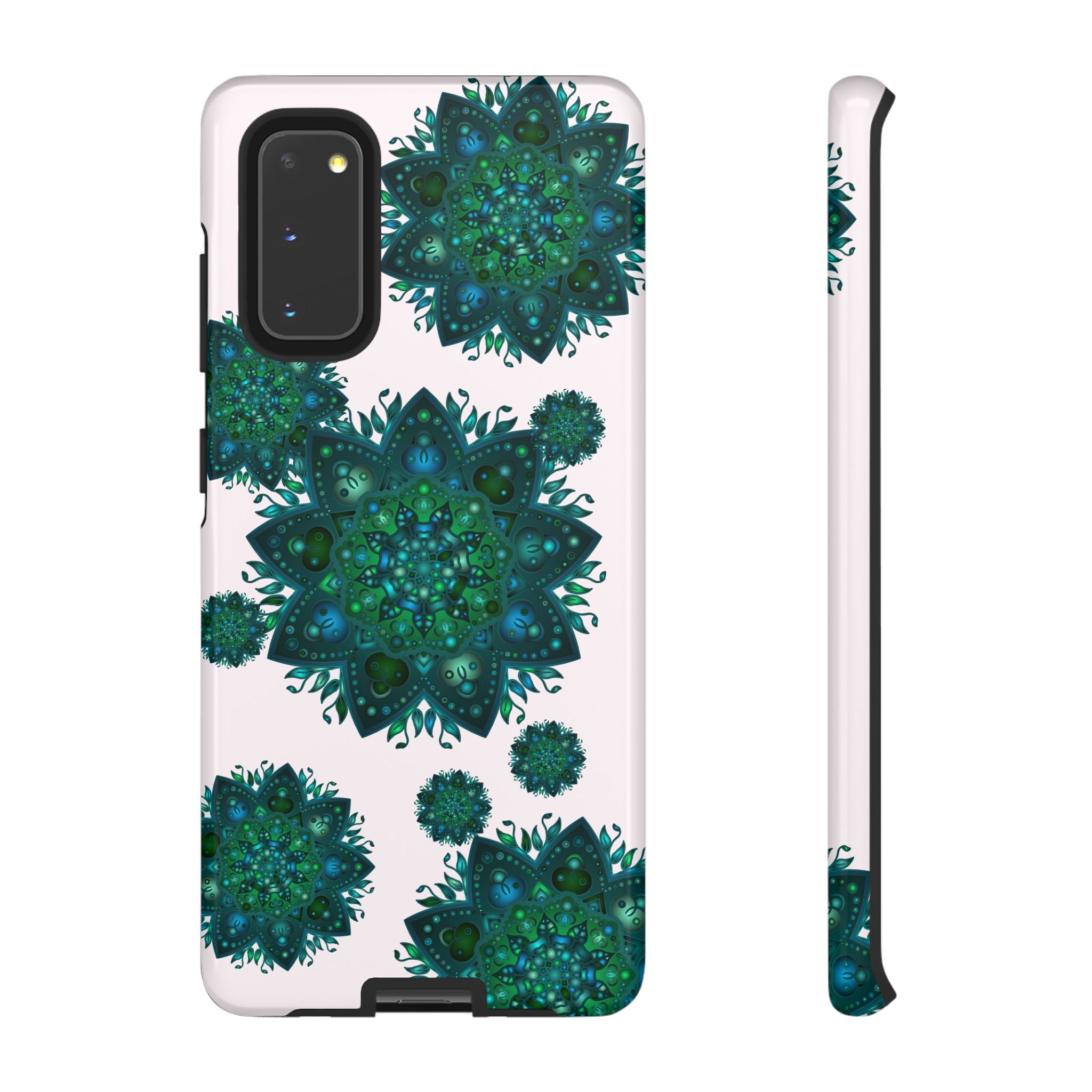 Beautiful light pink and green mandala phone case with a peaceful and intricate design