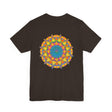 A vibrant and colorful mandala design T-shirt promoting peace and harmony