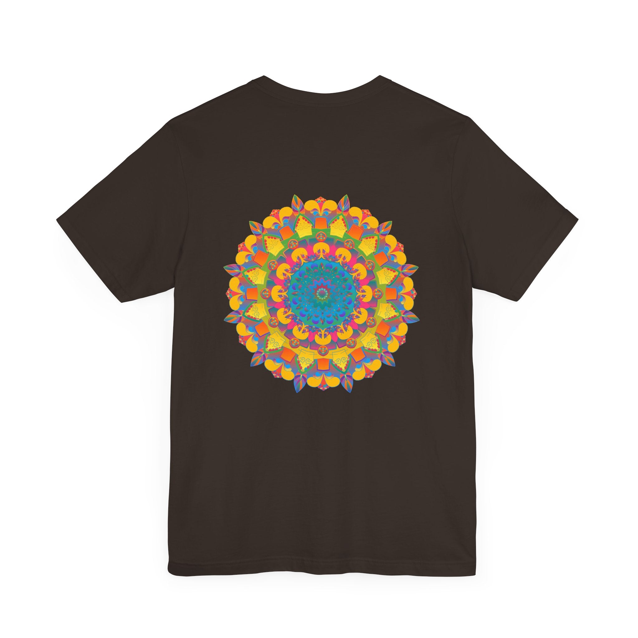 A vibrant and colorful mandala design T-shirt promoting peace and harmony