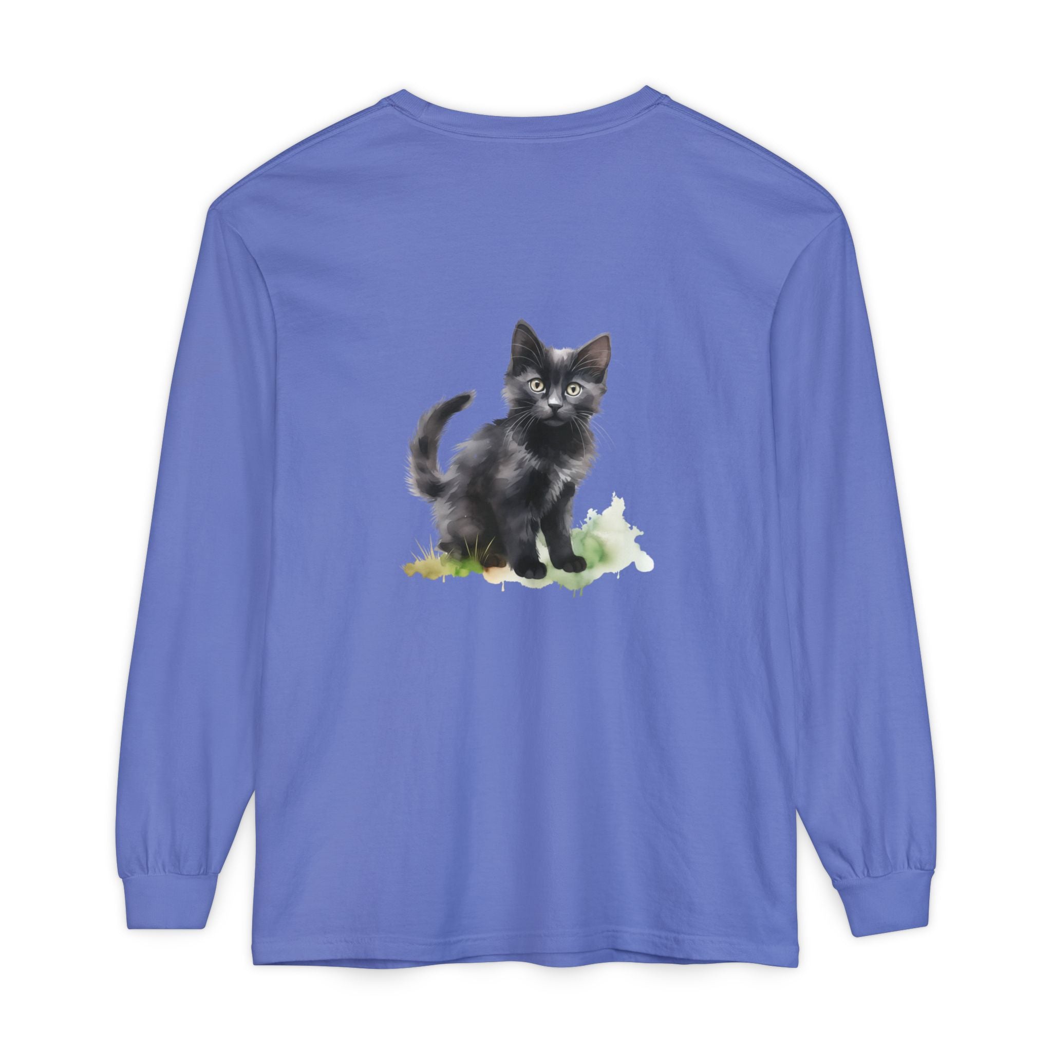 Maglietta a maniche lunghe con gatto nero e acquerello