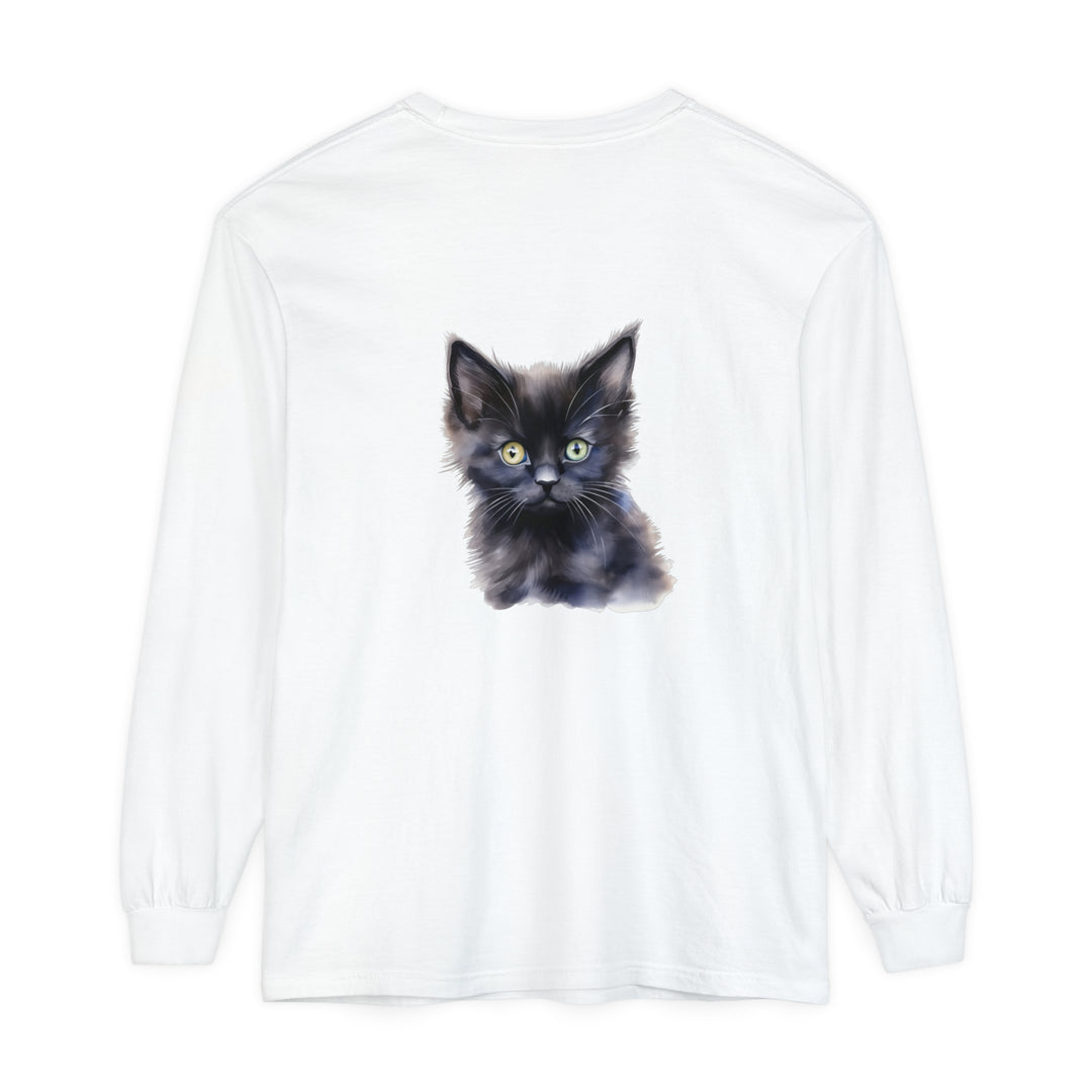 A black unisex long sleeve t-shirt featuring a mystical kitten design