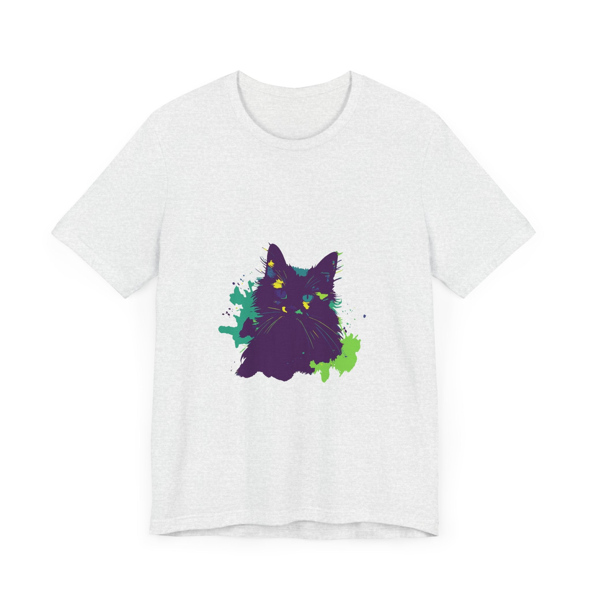 Vibrant purple t-shirt featuring an abstract design with a mysterious cat motif