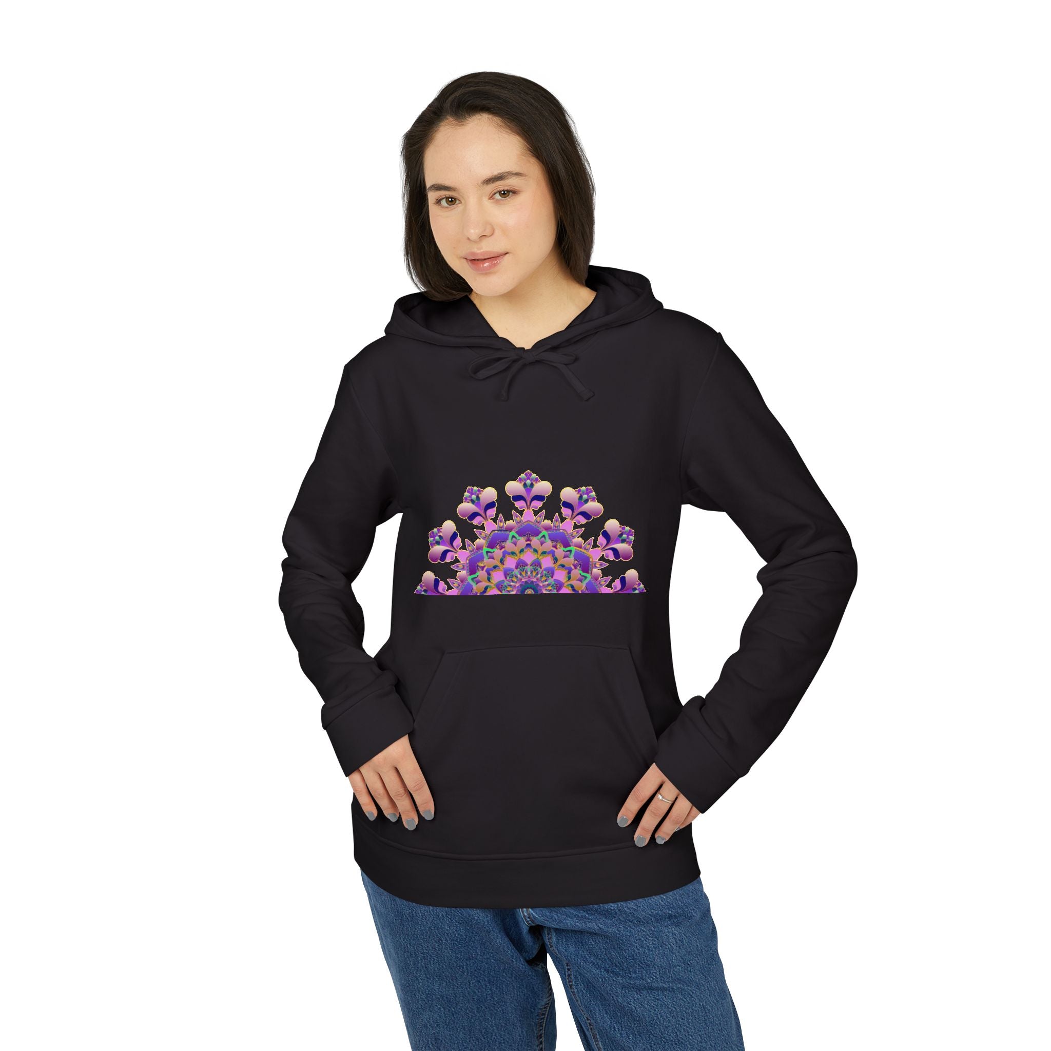 Black Adidas Mandala Fleece Hoodie with drawstring hood and kangaroo pocket