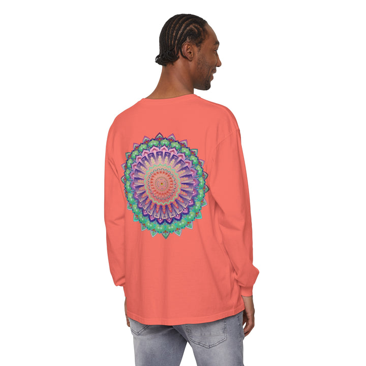 A colorful and intricate mandala design on a long sleeve unisex t-shirt