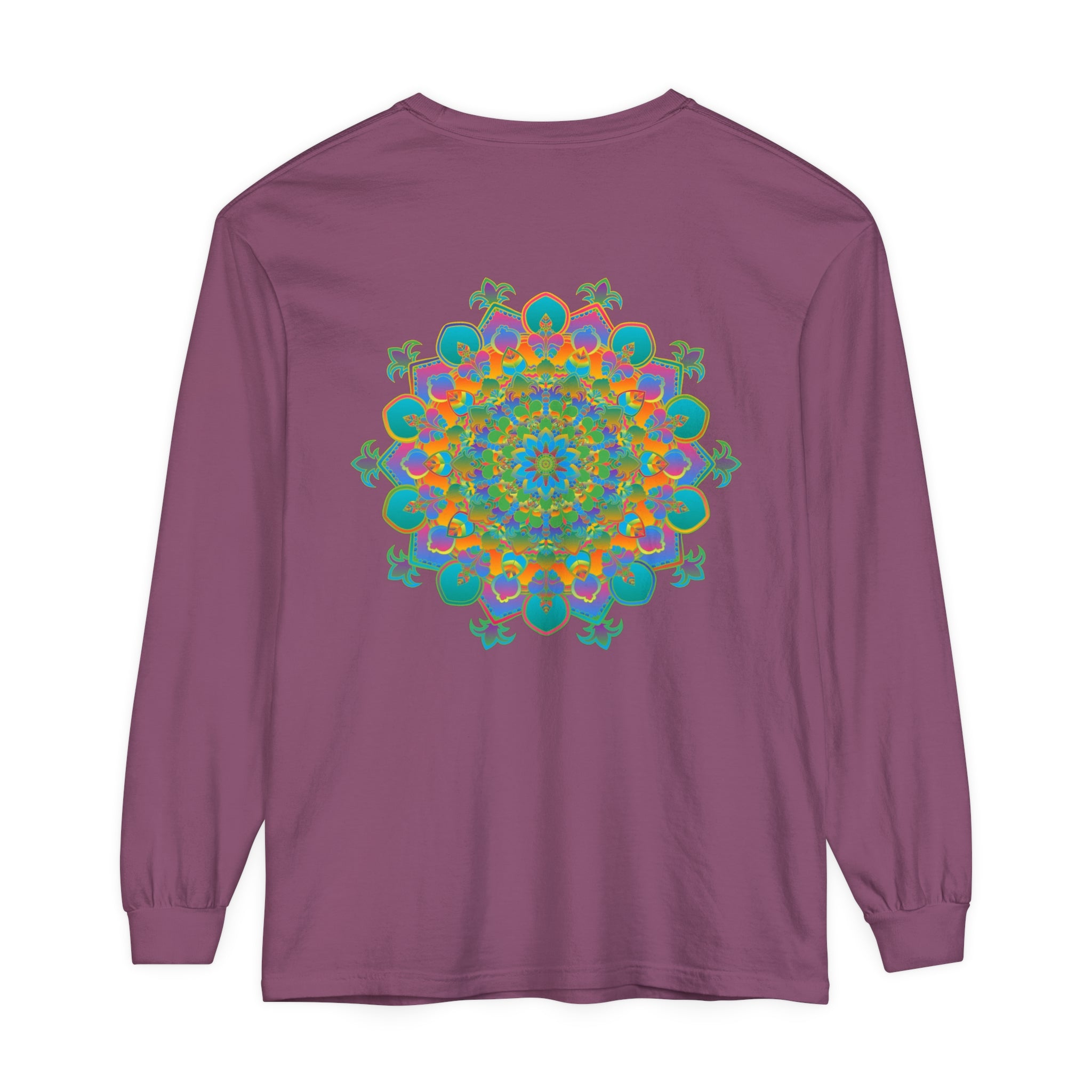 Vibrant and intricate mandala design long sleeve t-shirt, suitable for both men and women as a unisex fashion piece