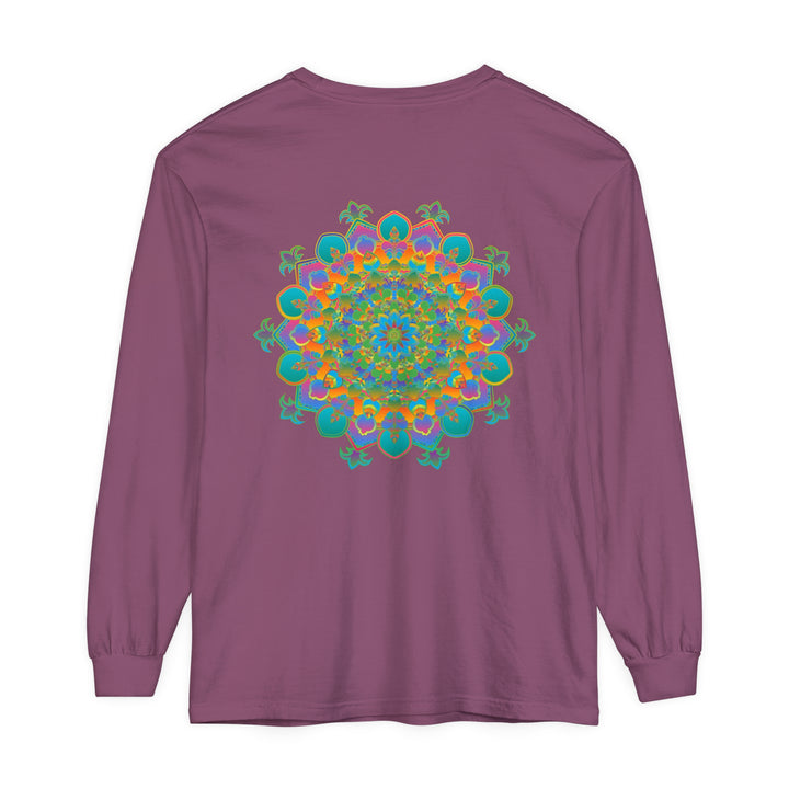 Vibrant and intricate mandala design long sleeve t-shirt, suitable for both men and women as a unisex fashion piece