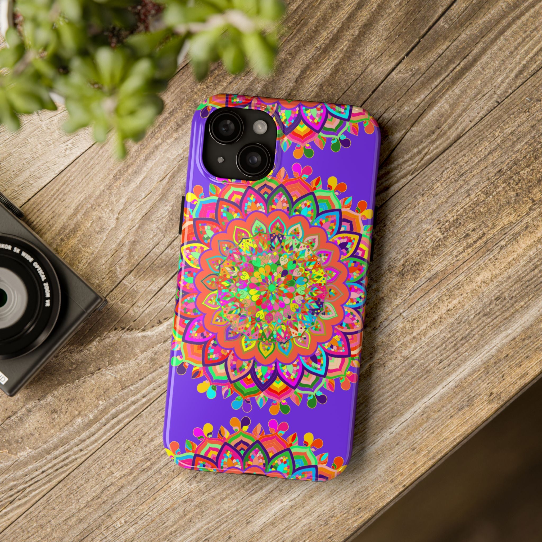 A detailed hand-drawn purple Mandala Art phone case for protection