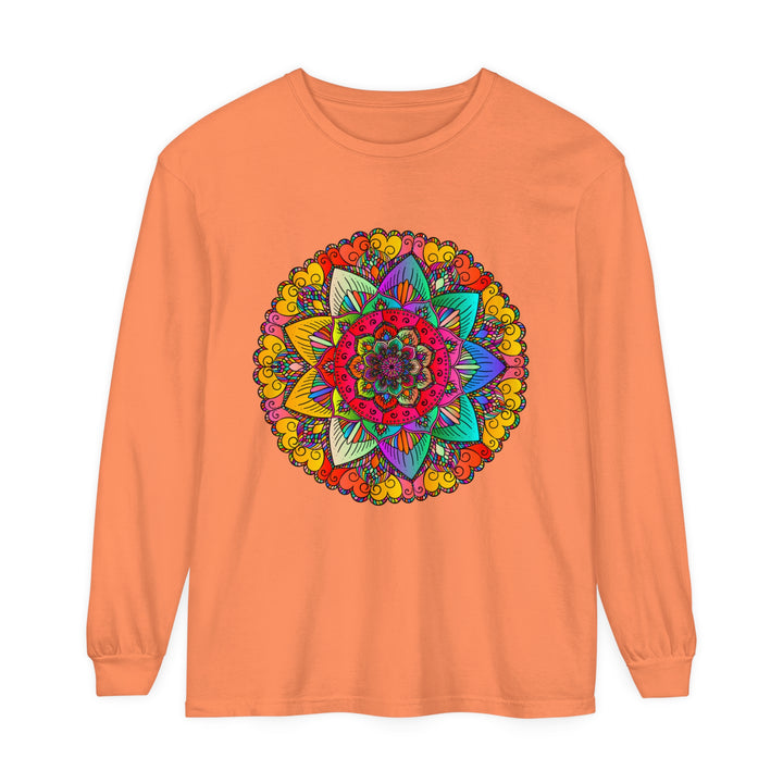 Vibrant mandala design in multiple colors on a unisex long sleeve T-shirt