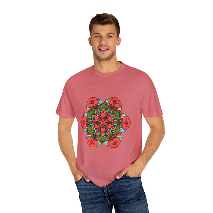 Unisex mandala t-shirt made with 100% ring-spun cotton, featuring hand-drawn mandala art and garment-dyed for extra comfort