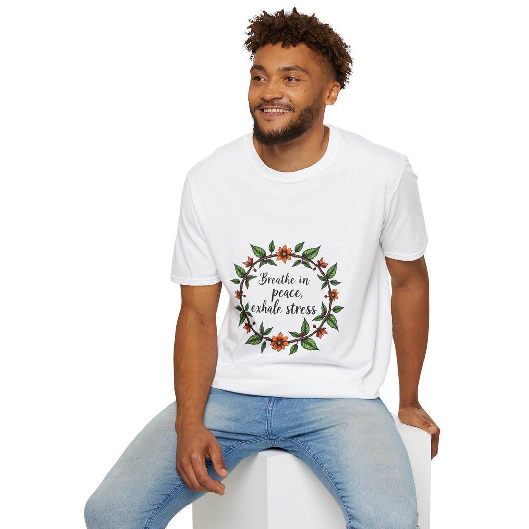 Beautiful women's t-shirt featuring a colorful floral garland design with the phrase 'Breathe in Peace Exhale Stress'