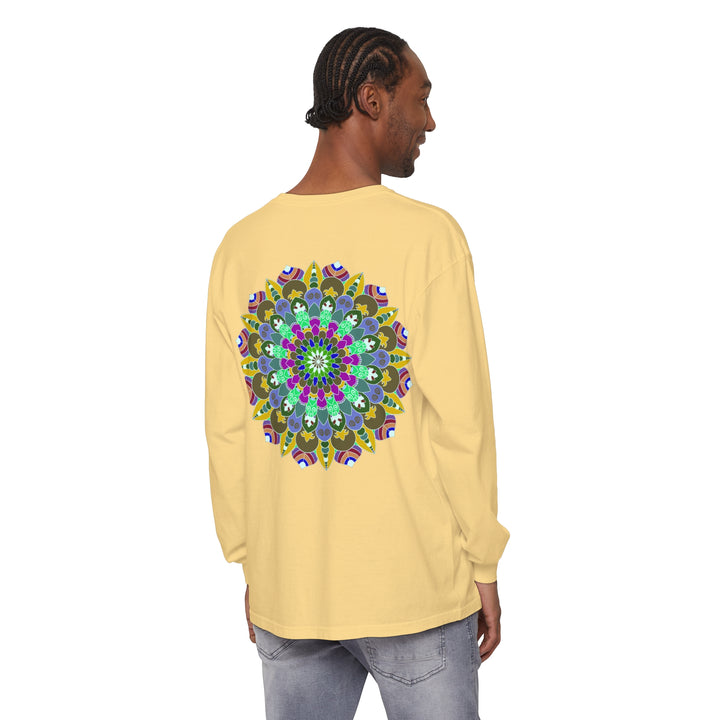 Eye-catching long sleeve t-shirt featuring a beautiful and colorful mandala design