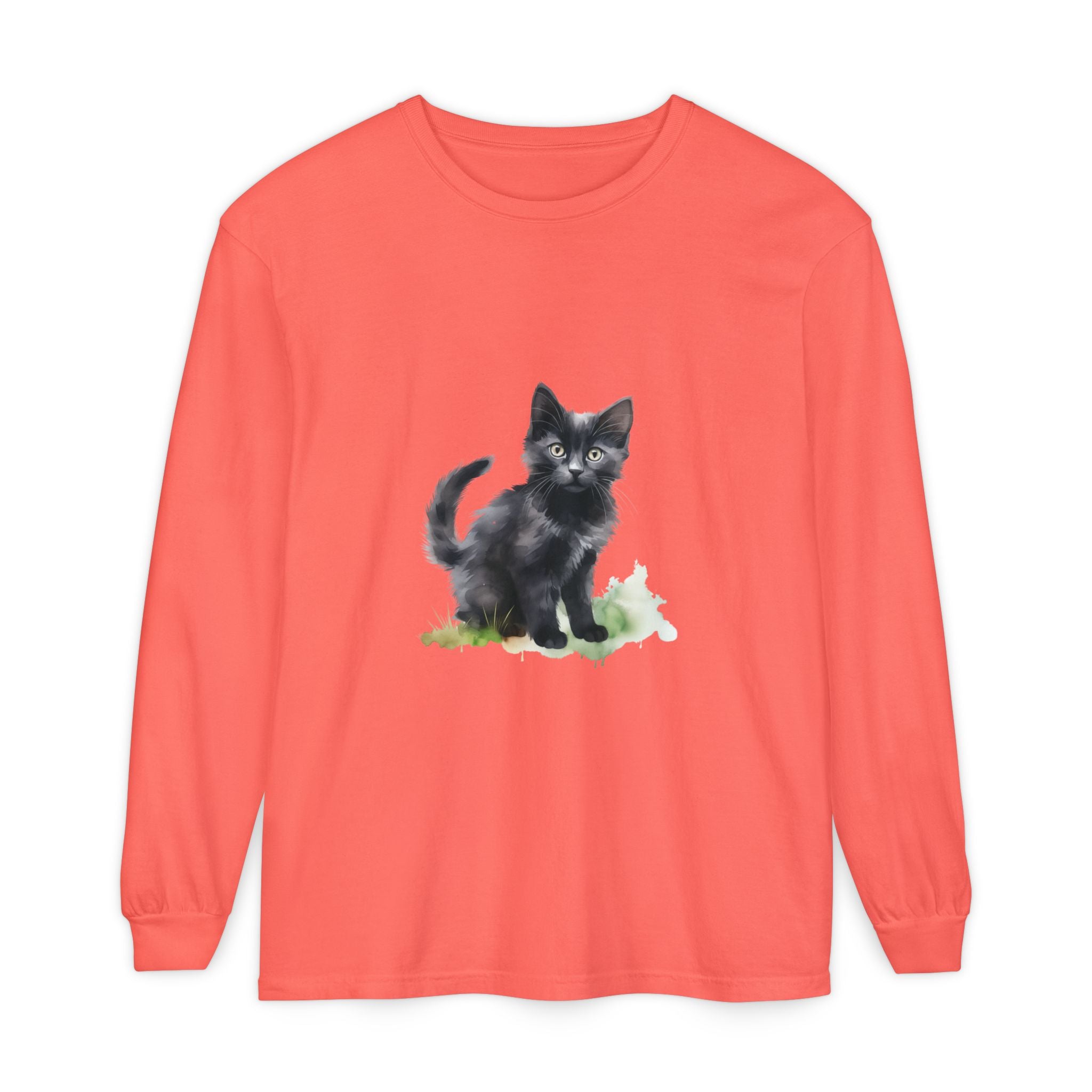 Maglietta a maniche lunghe con gatto nero e acquerello