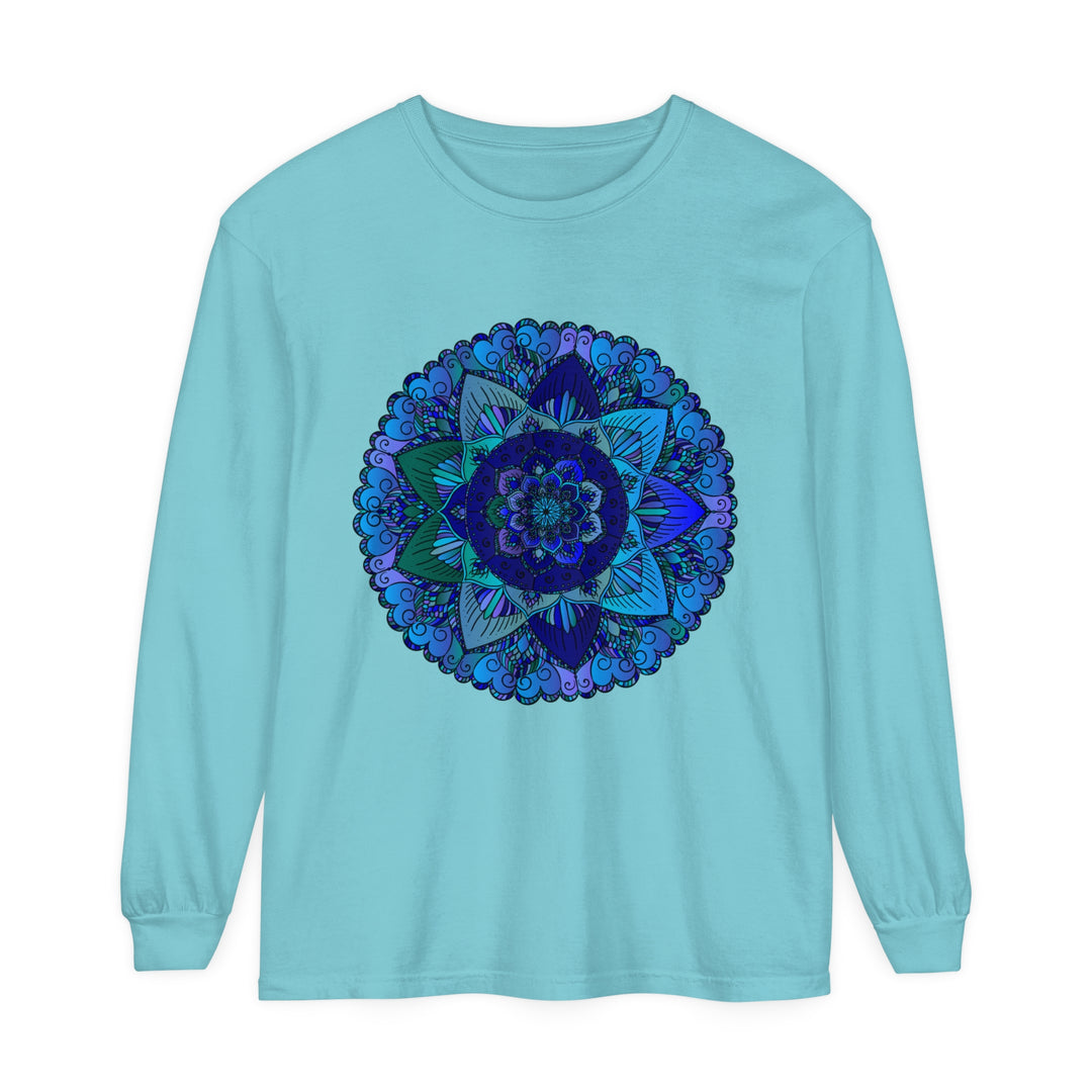 Dark blue and green long sleeve t-shirt with intricate mandala design