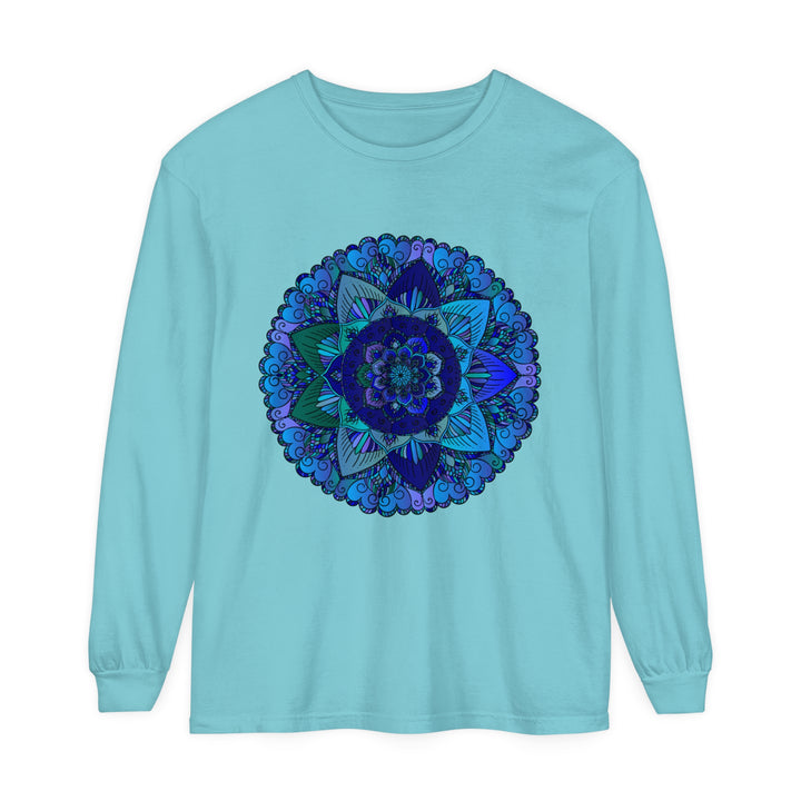 Dark blue and green long sleeve t-shirt with intricate mandala design