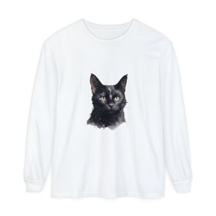 Black Cat Watercolor Unisex Long Sleeve T-Shirt featuring a vibrant, hand-painted feline design