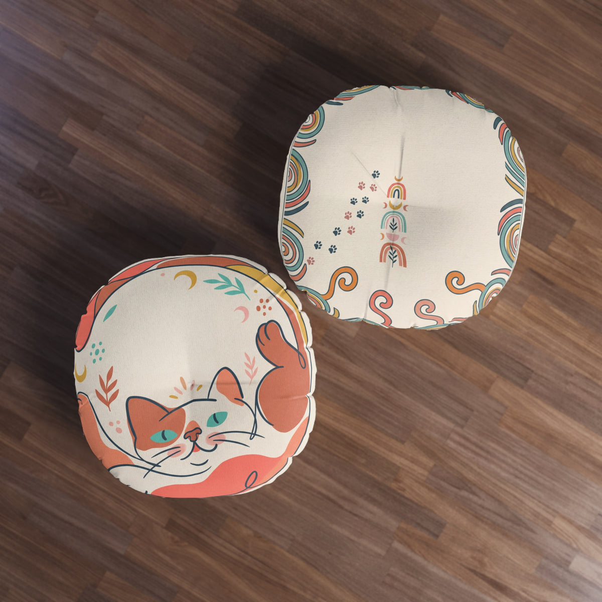 Round Tufted Floor Pillow — Boho Cat Illustration