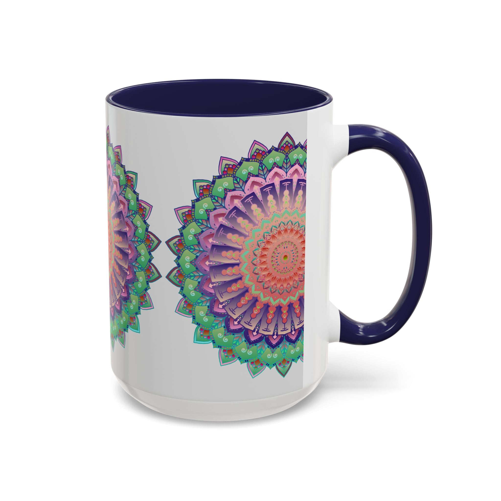 A beautifully crafted ceramic mug with a vibrant mandala art design featuring colorful floral patterns