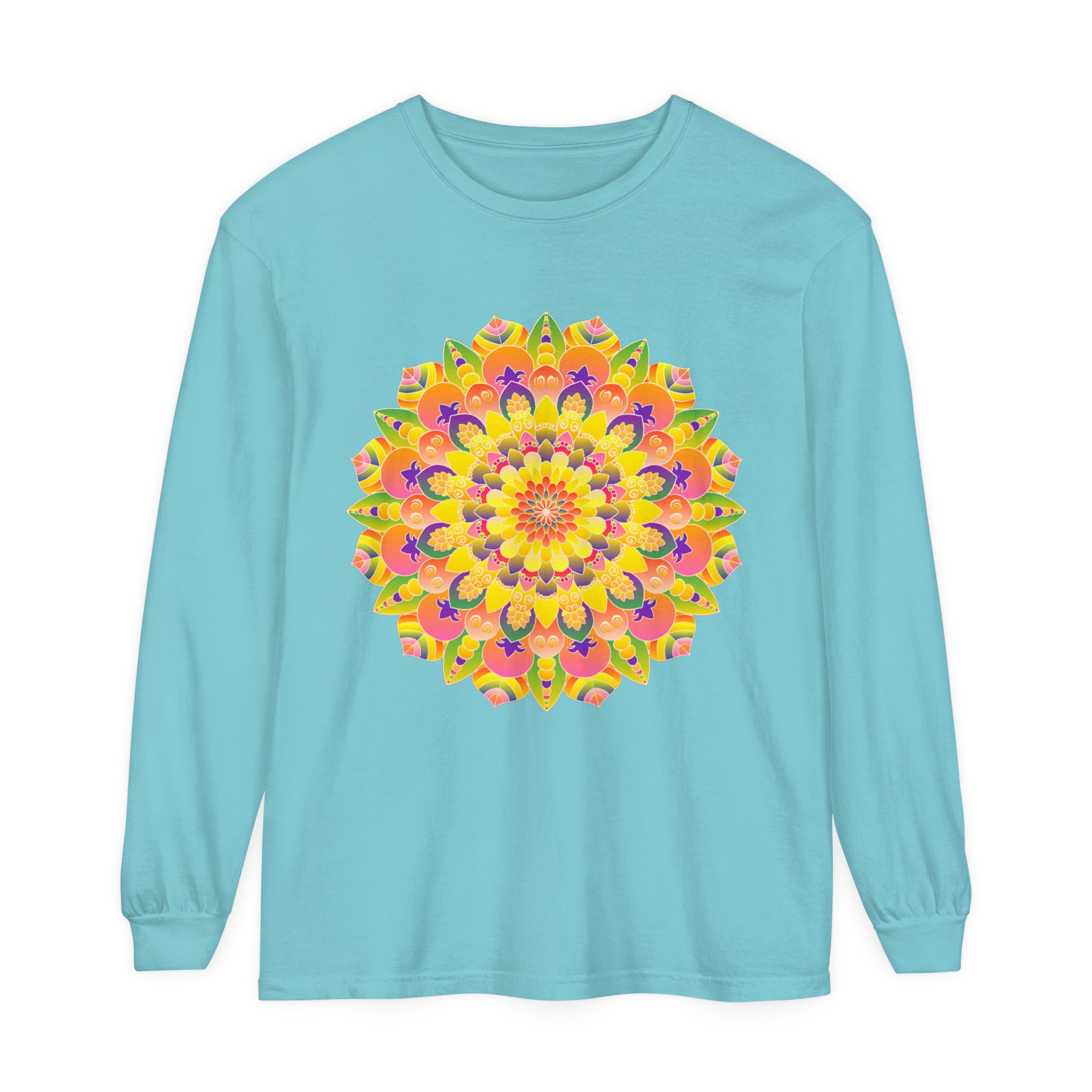 Colorful and intricate mandala design on a unisex long sleeve t-shirt