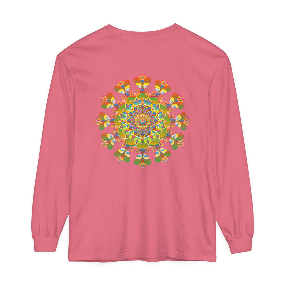 A close-up image of a vibrant mandala long sleeve t-shirt, featuring colorful and intricate art designs