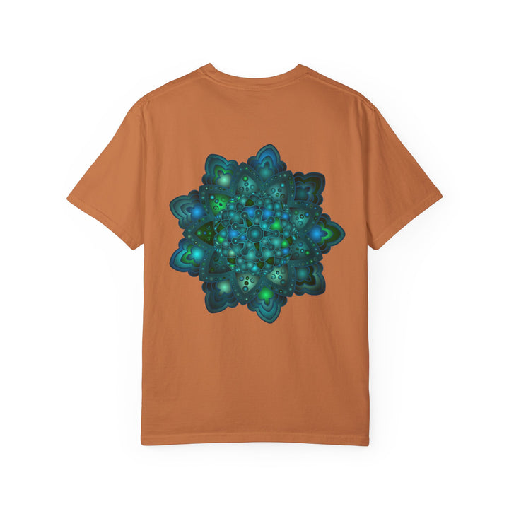 Vibrant unisex t-shirt featuring a detailed blue and green mandala design