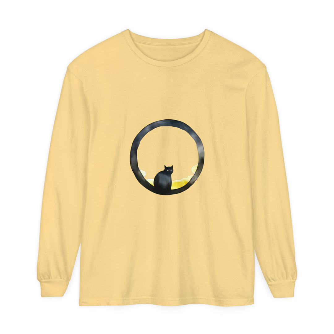 Black Cat Moon Glow Long Sleeve T-Shirt featuring a striking moon and cat silhouette design in a trendy, stylish black color