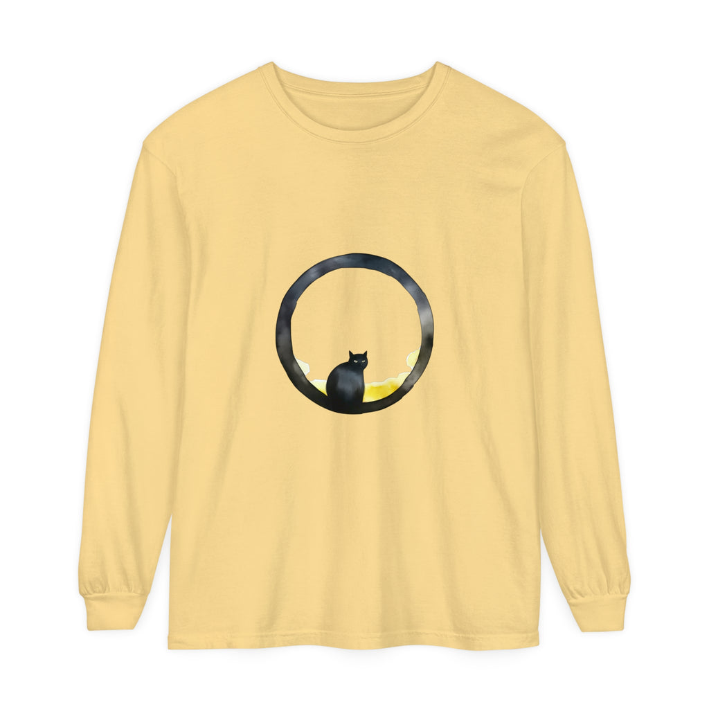 Black Cat Moon Glow Long Sleeve T-Shirt featuring a striking moon and cat silhouette design in a trendy, stylish black color