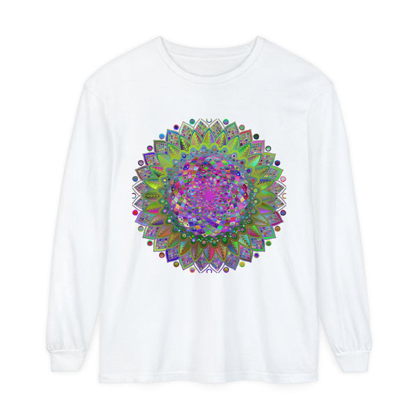 Vibrant Mandala Unisex Long Sleeve T-Shirt featuring intricate, colorful mandala design on soft, comfortable fabric