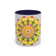 A close-up image of a vibrant floral mandala art mug, featuring intricate and colorful floral designs on a white ceramic background