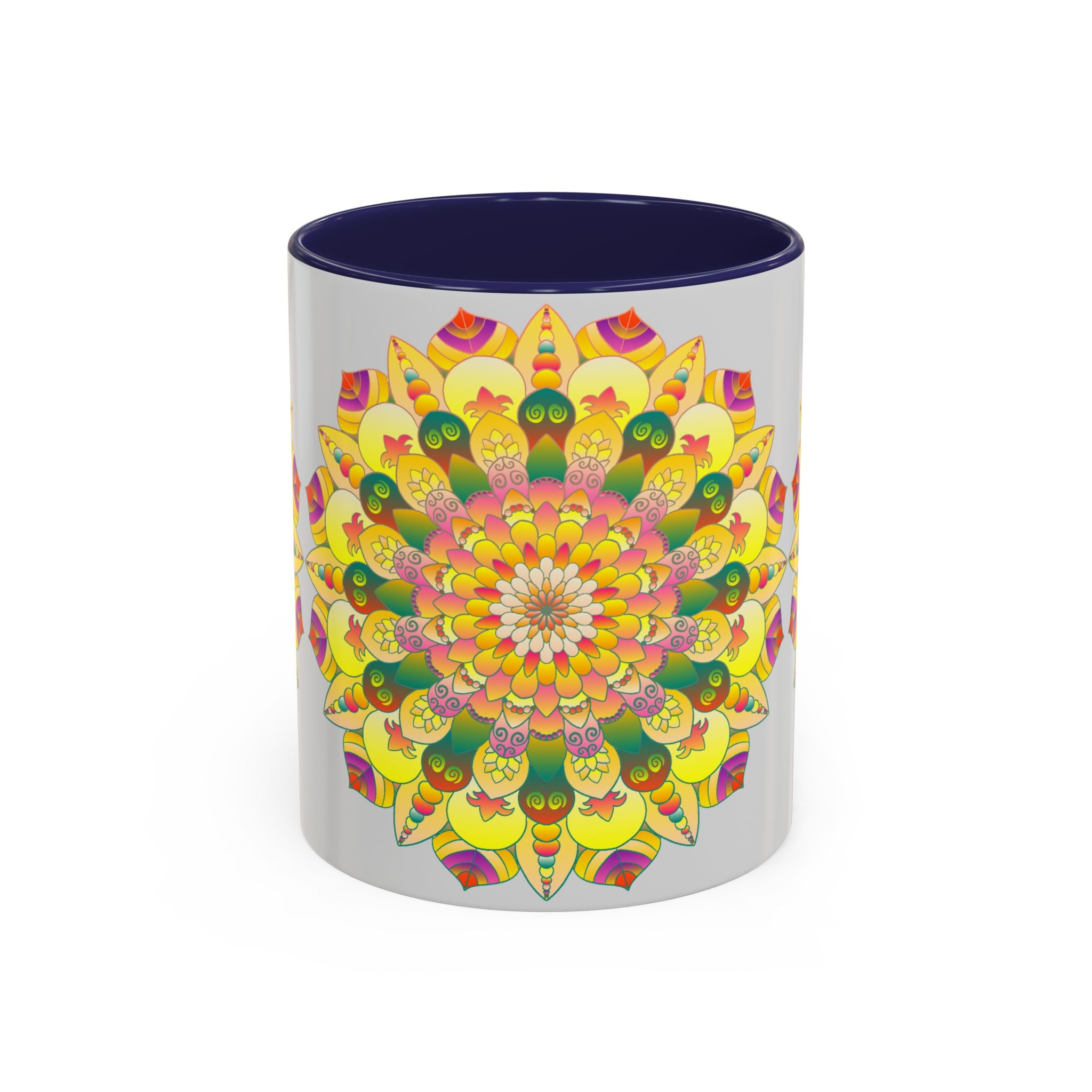 A close-up image of a vibrant floral mandala art mug, featuring intricate and colorful floral designs on a white ceramic background