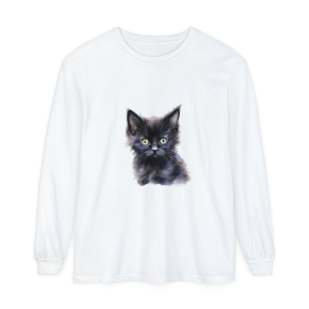 Black unisex long sleeve t-shirt featuring a playful mystical kitten design