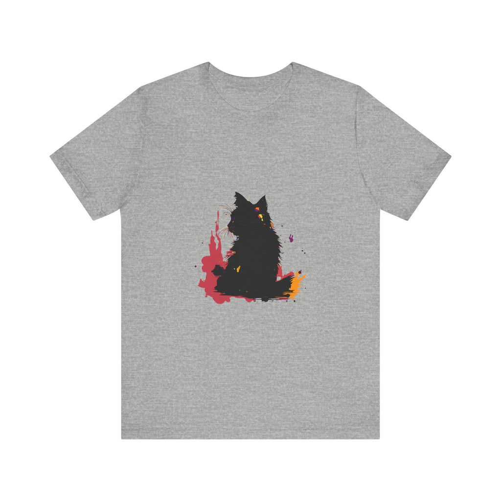 Black Cat Mystery T-Shirt featuring vibrant and colorful splatter art design