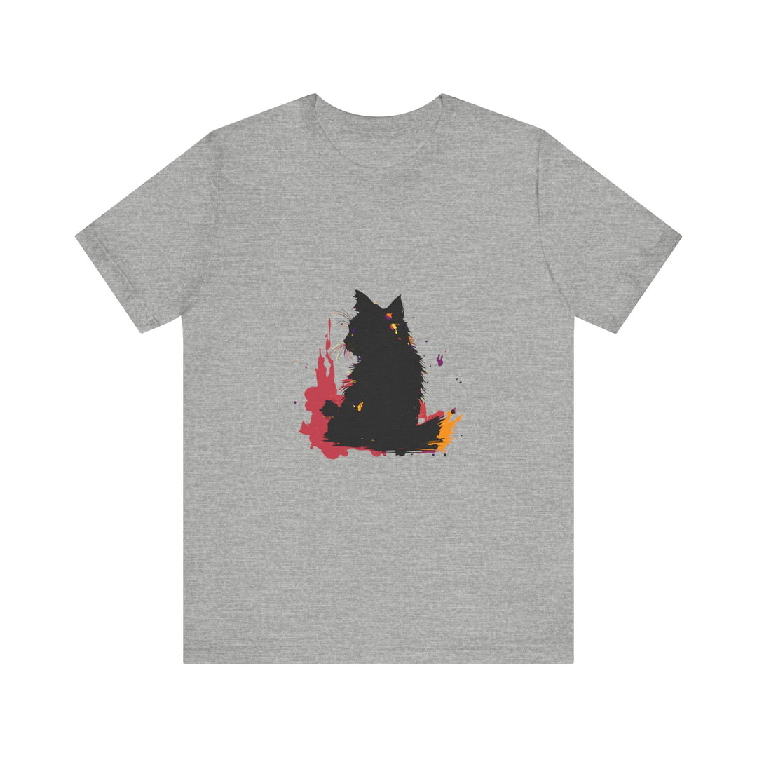 Black Cat Mystery T-Shirt featuring vibrant and colorful splatter art design