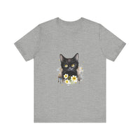 A stylish black t-shirt featuring a fierce-looking black cat with striking yellow eyes, perfect for cat lovers and animal enthusiasts
