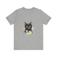 A stylish black t-shirt featuring a fierce-looking black cat with striking yellow eyes, perfect for cat lovers and animal enthusiasts