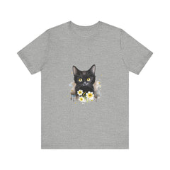 A stylish black t-shirt featuring a fierce-looking black cat with striking yellow eyes, perfect for cat lovers and animal enthusiasts