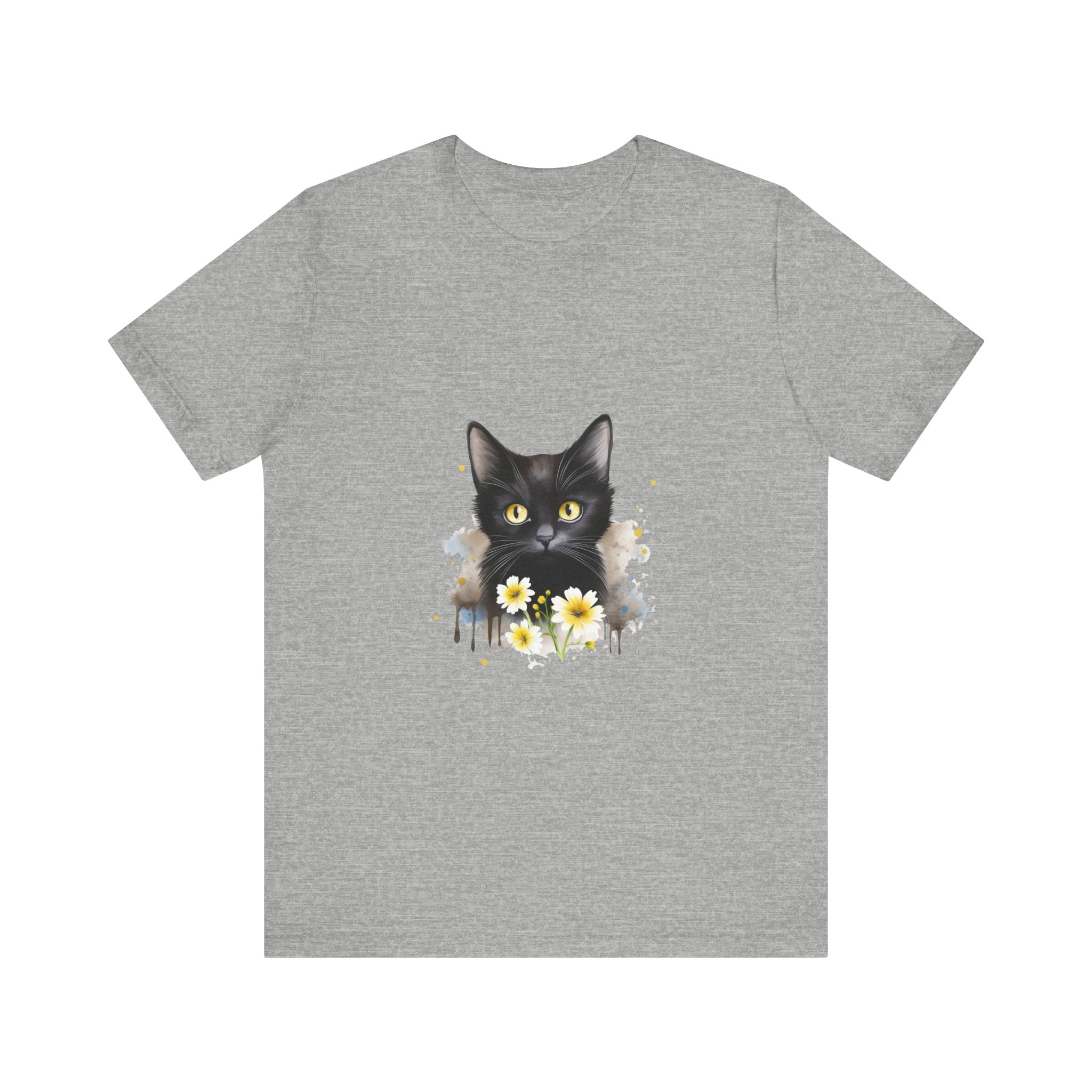 A stylish black t-shirt featuring a fierce-looking black cat with striking yellow eyes, perfect for cat lovers and animal enthusiasts