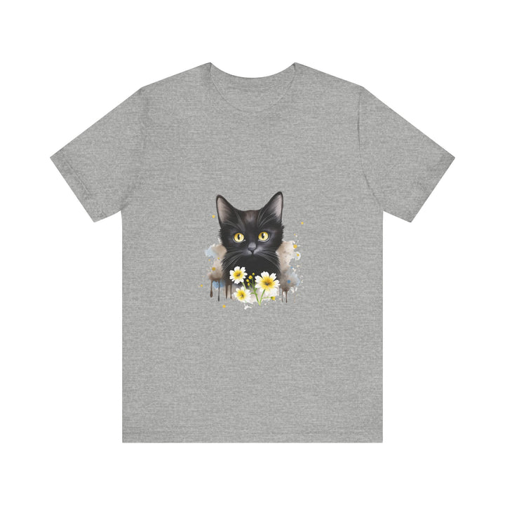 A stylish black t-shirt featuring a fierce-looking black cat with striking yellow eyes, perfect for cat lovers and animal enthusiasts