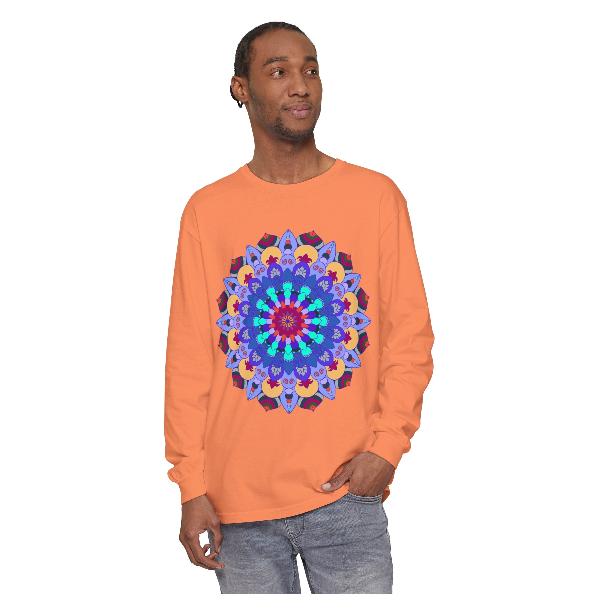 Colorful and intricate mandala design on a vibrant long sleeve t-shirt