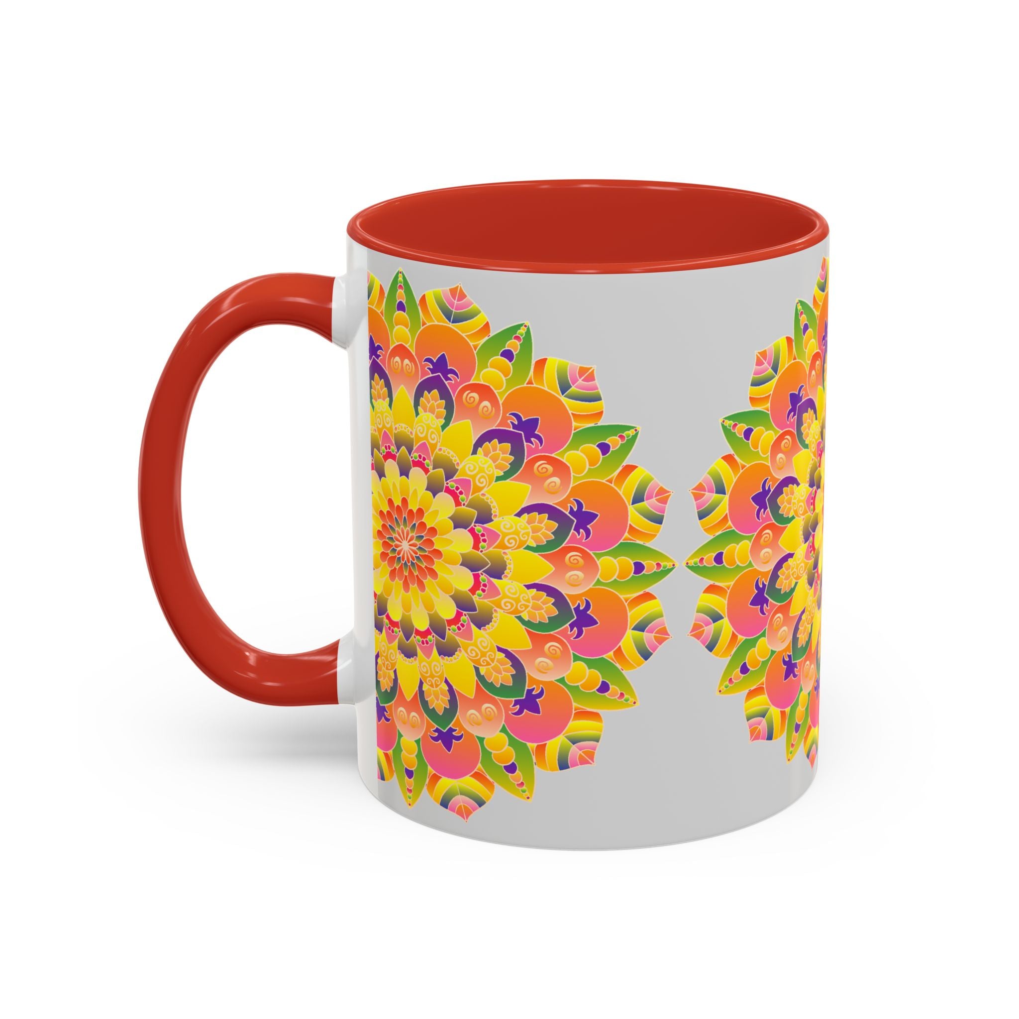 Handcrafted mandala mug with bohemian art design and vibrant colors on white background